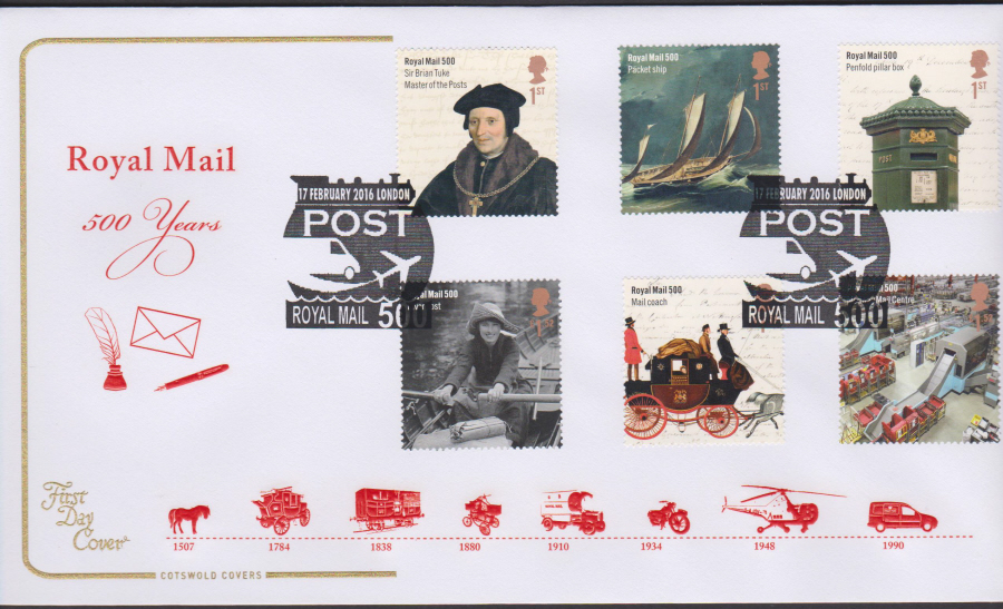 2016 - Royal Mail 500 Years COTSWOLD First Day Cover Set - POST London Postmark